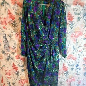 Vintage Floral Green and Purple Women's Dress